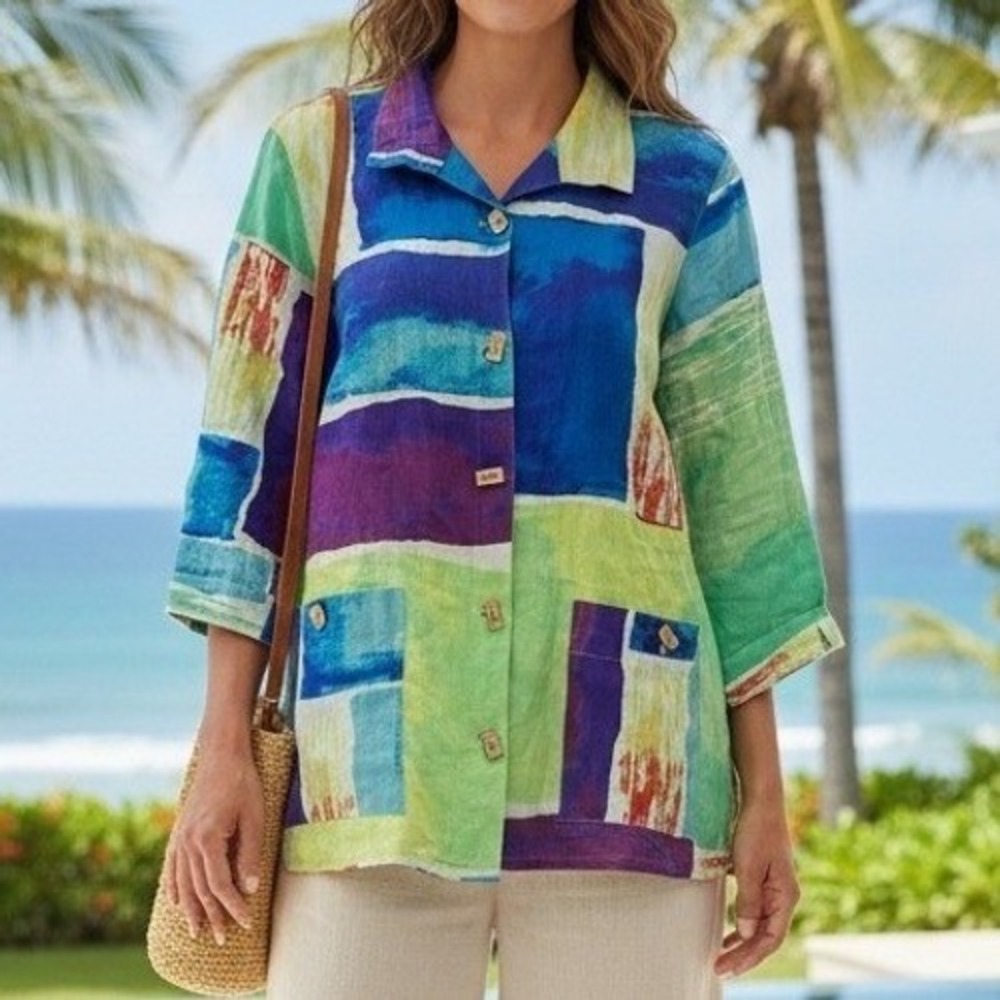 Ali Miles Linen Button Up Shirt Multi Color Abstract Art To Wear Relaxed Small